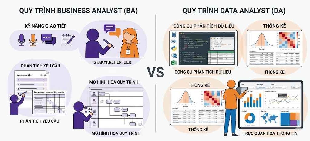 Business Analyst (BA) vs Data Analyst (DA): BA sử dụng kỹ năng giao tiếp, phân tích yêu cầu và mô hình hóa quy trình, còn DA thành thạo các công cụ phân tích dữ liệu, thống kê và trực quan hóa thông tin.