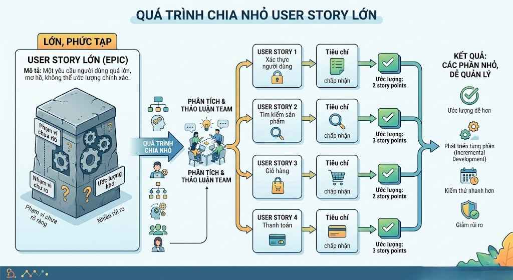 Story Splitting: Minh họa quá trình chia nhỏ một User Story lớn thành các phần nhỏ, dễ quản lý hơn.
