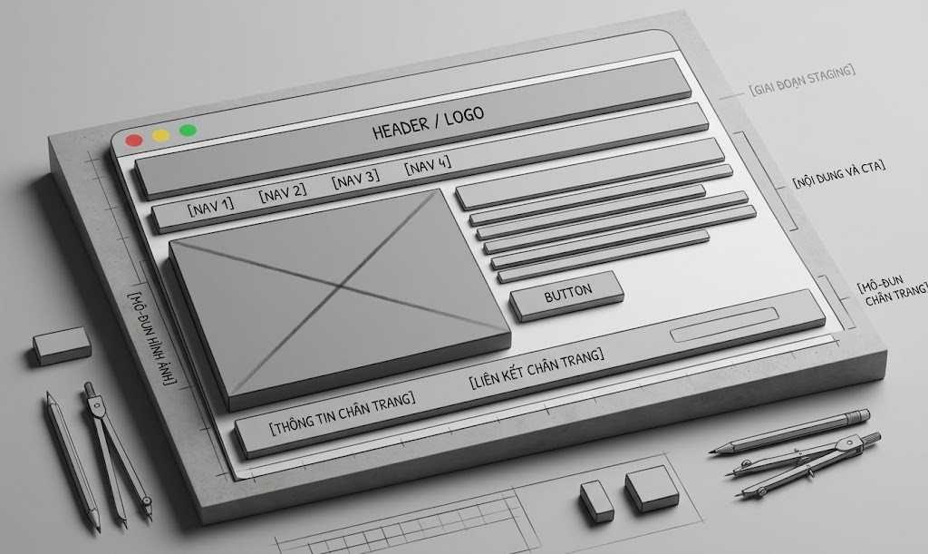 Wireframe phác thảo cấu trúc và bố cục cơ bản của giao diện người dùng, giống như bản vẽ thiết kế bối cảnh, đảm bảo mọi thành phần được đặt đúng chỗ trước khi thêm chi tiết màu sắc và đồ họa.